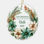 Eerste Kerstmis als Oom Witte Groene Poinsettias Keramisch Ornament (Links)