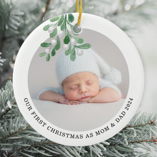 Eerste Kerstmis als Waterverf met foto's van mama Keramisch Ornament