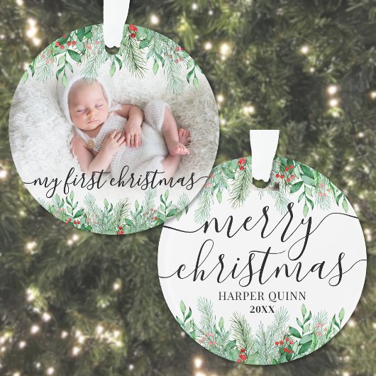 Eerste kerstmis baby Elegante foto Ornament
