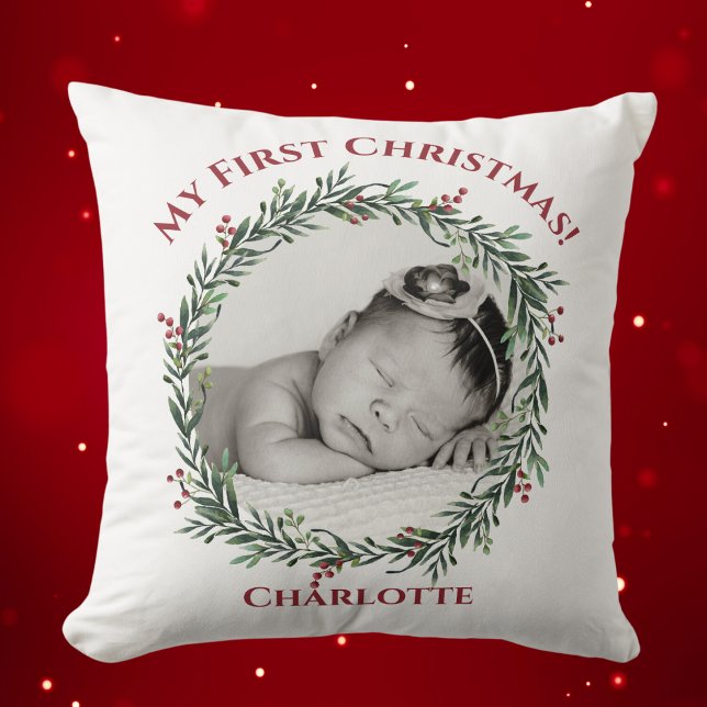 Eerste Kerstmis, Baby Foto, naam Kussen (First Christmas, Baby Photo, Name Throw Pillow)