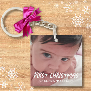 Eerste Kerstmis Baby Meisje Pasgeboren Foto Sleutelhanger