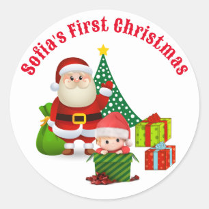 Eerste Kerstmis Baby's persoonlijke naam Elf Ronde Sticker