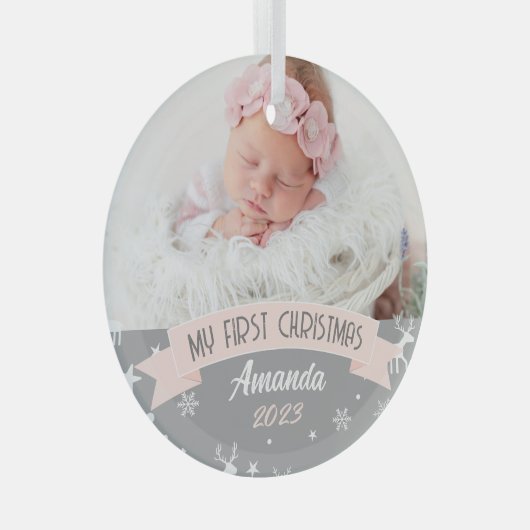 Eerste Kerstmis Blush Pink Baby Girl Foto Glas Ornament (Voorkant Rechts)