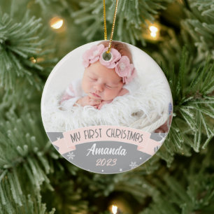 Eerste Kerstmis Blush Pink Baby Girl Foto Keramisch Ornament