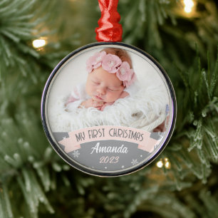 Eerste Kerstmis Blush Pink Baby Girl Foto Metalen Ornament