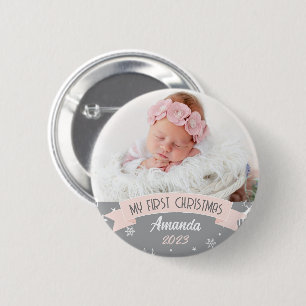Eerste Kerstmis Blush Pink Baby Girl Foto Ronde Button 5,7 Cm