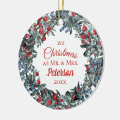 Eerste Kerstmis, de heer en mevrouw Berries Wreath Keramisch Ornament (Links)