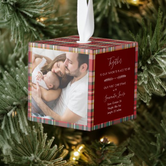 Eerste Kerstmis Familie Foto's Rustiek Plaid Kubus Ornament (Boom)