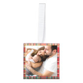 Eerste Kerstmis Familie Foto's Rustiek Plaid Kubus Ornament (Voorkant)