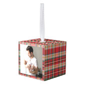 Eerste Kerstmis Familie Foto's Rustiek Plaid Kubus Ornament (Achter hoekig)
