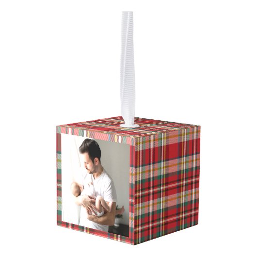 Eerste Kerstmis Familie Foto's Rustiek Plaid Kubus Ornament (Achter hoekig)