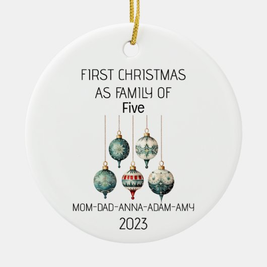 Eerste Kerstmis Familie van Vijf  Ornament (Voorkant)