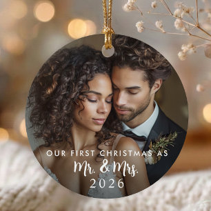 Eerste kerstmis foto van de bruiloft van meneer en metalen ornament