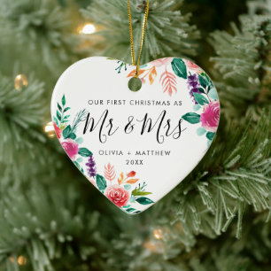 Eerste Kerstmis Foto van Mr & Mrs Script Floral Keramisch Ornament