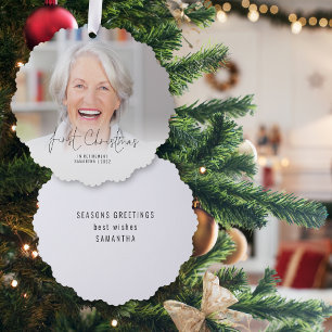 Eerste Kerstmis Gepensioneerde Naam Jaar Foto Over Ornament Kaart