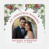 Eerste Kerstmis Getrouwd Bloemen Foto bruiloft wit Metalen Ornament (Voorkant)