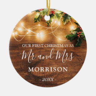 Eerste Kerstmis, getrouwd met bijtend hout en lich Keramisch Ornament