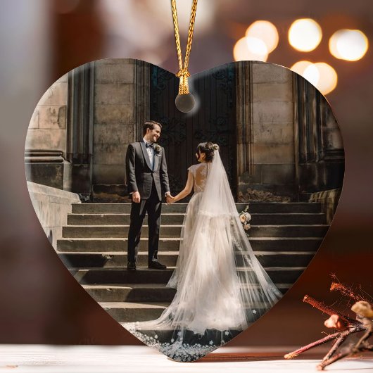 Eerste Kerstmis Getrouwd met Datum & Foto in Terug Ornament