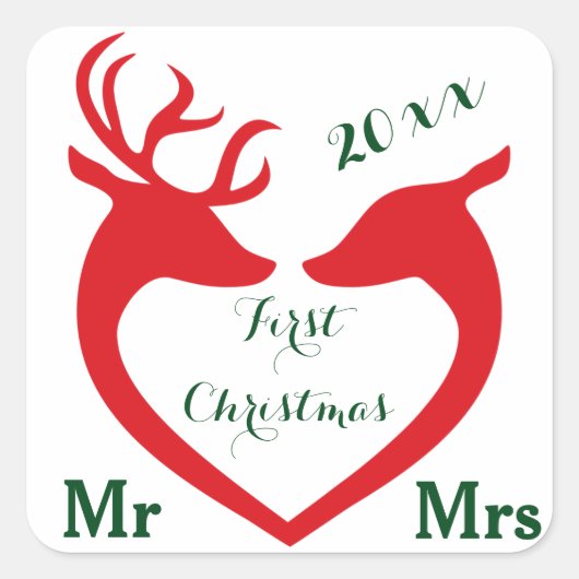 Eerste Kerstmis Getrouwd met Mr en Mrs Heart Deer Vierkante Sticker (Voorkant)