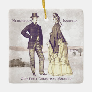 Eerste kerstmis getrouwd van vintage koppel keramisch ornament