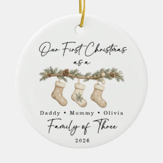 Eerste kerstmis gezin van drie op maat keramisch ornament
