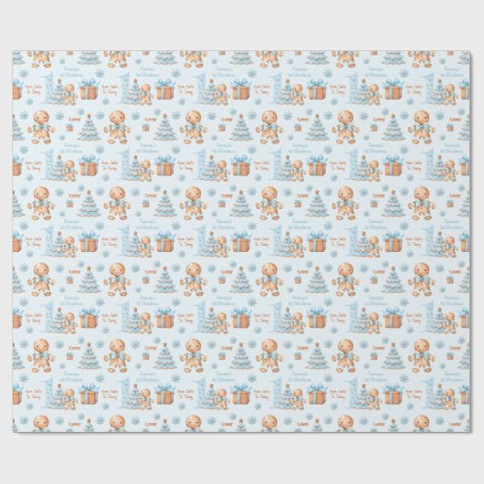 Eerste Kerstmis Gingerbread Man Jongen Blauw Naam  Cadeaupapier (Vlak)