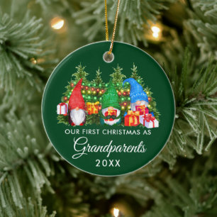 Eerste Kerstmis Grootouders Gnomes Lights Green Keramisch Ornament