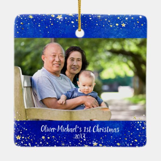 Eerste Kerstmis Grote Grootouders 2 Fotosterren Keramisch Ornament (Achterkant)
