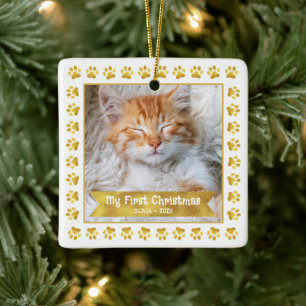 Eerste Kerstmis Huisdier Kitten Foto Gold Paws Cus Keramisch Ornament