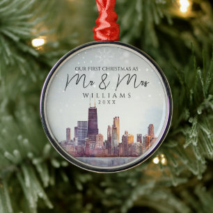 Eerste kerstmis in Chicago als Mr & Mrs Huwelijk Metalen Ornament