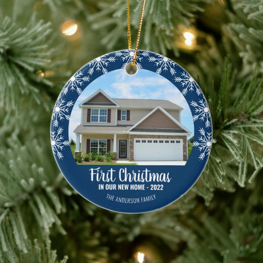 Eerste Kerstmis in onze New Home Photo Blue Keramisch Ornament (Boom)
