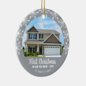 Eerste Kerstmis in onze New Home Photo Gray Keramisch Ornament (Rechts)
