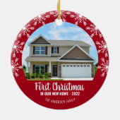 Eerste Kerstmis in onze New Home Photo Red Keramisch Ornament (Achterkant)