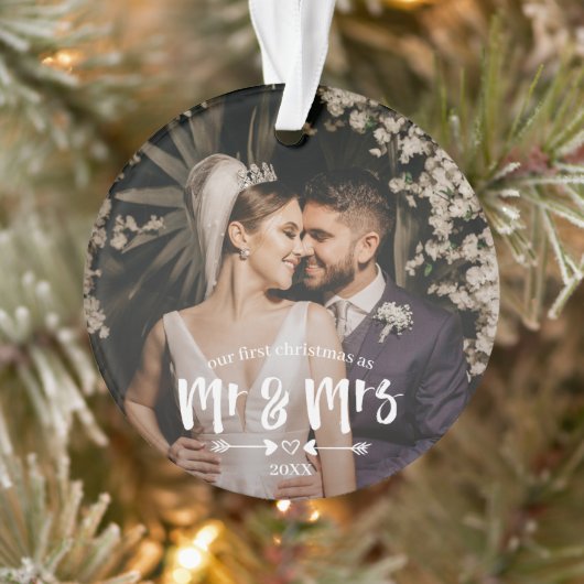 Eerste Kerstmis in penseelscript, Mr Mrs. Foto Ornament (Boom)