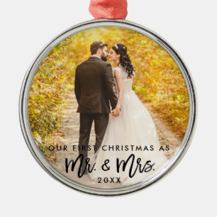 Eerste Kerstmis in penseelscript, Mr. & Mrs Weddin Metalen Ornament