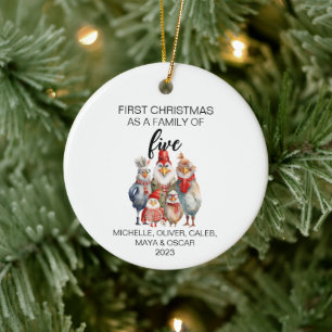 Eerste Kerstmis Kip Familie van Vijf Keramisch Ornament