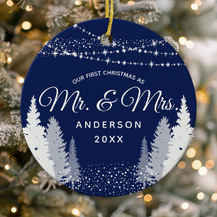 Eerste kerstmis meneer mevrouw marine winter sling keramisch ornament