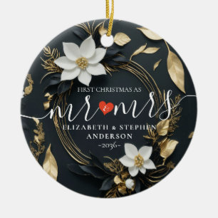 Eerste kerstmis meneer mevrouw trouw witte bloemen keramisch ornament