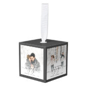 Eerste Kerstmis met vier foto's grijs script Kubus Ornament (Voorkant hoekig)