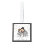 Eerste Kerstmis met vier foto's grijs script Kubus Ornament (Voorkant)