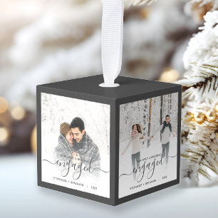 Eerste Kerstmis met vier foto's grijs script Kubus Ornament