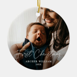 Eerste kerstmis moderne handgeschreven babyfoto keramisch ornament
