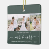 Eerste Kerstmis Mr en Mrs 3 Fotoscript Groen Keramisch Ornament (Links)