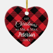 Eerste Kerstmis: Mr en Mrs Buffalo Pset Heart. Keramisch Ornament (Voorkant)
