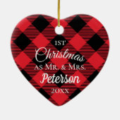 Eerste Kerstmis: Mr en Mrs Buffalo Pset Heart. Keramisch Ornament (Achterkant)