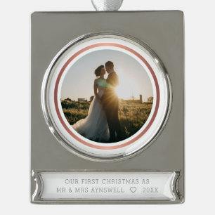 Eerste Kerstmis Mr & Mrs Foto Elegant Verzilverd Banner Ornament