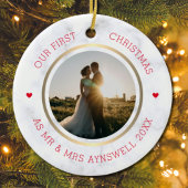 Eerste Kerstmis Mr & Mrs Foto Modern Marble Keramisch Ornament