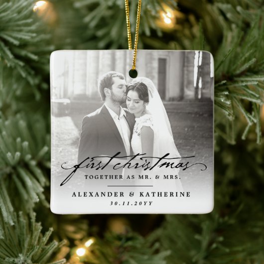 Eerste Kerstmis Mr. & Mrs Holiday Wedding Foto Keramisch Ornament (Boom)