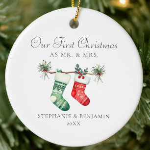 Eerste Kerstmis Mr. Mrs. Kousen Groen Foto Keramisch Ornament
