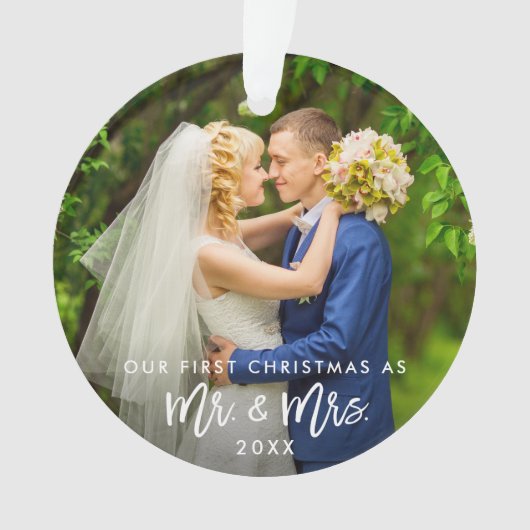 Eerste Kerstmis Mr. & Mrs Photo Brush Script Ornament (voorkant)